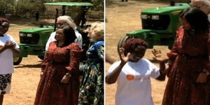 Maria Mungai from Busia County kneels before US First Lady Jill Biden and EAC CS Rebecca Miano on February 25, 2023.