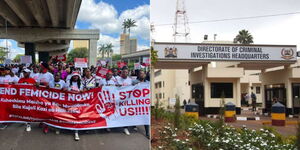 A collage of activists protesting rising femicide cases on January 27, 2024 and the DCI headquarters along Kiambu Road