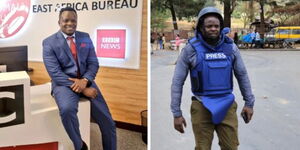 Photo collage of Ferdinand Omondi at BBC studios and wearing protective gear while covering anti-government protests