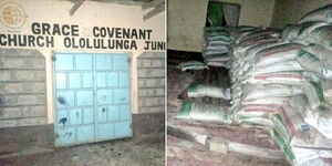 Entrance of the Grace Covenant Church in Narok South (left) and a sample of the fertiliser recovered by the police at the church.