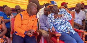 Kakamega Givernor-elect Fernandes Barasa and his ODM party boss Raila Odinga during a public rally on August 26, 2022