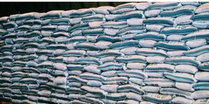 Bags of fertiliser stored at a National Cereals and Produce Board warehouse.