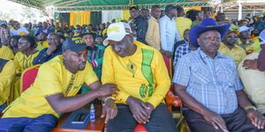 Bomet Governor Hillary Barchok together with President William Ruto and former Bomet Governor Isaac Ruto at a rally in Bomet in January 2022.