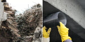 A collage image of Fibre Reinforced Concrete (left) and a constructor placing a fabric mesh on a wall (right).