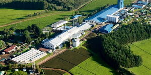 An aerial view of James Finlay Tea Factory in Kericho County.