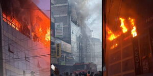 A photo collage of the building on fire along Luthuli Street in Nairobi, January 10, 2026.
