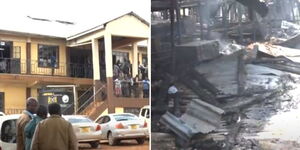 Collage of Screengrab of Scenes at Nyakoiba Mixed Secondary School buildings in Kisii County on January 12, 2024.