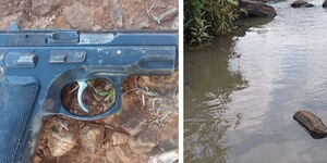 A collage photo of a firearm collected in a previous robbery incident and river 