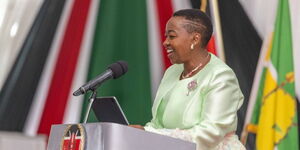 First Lady Rachel Ruto speaking in Kericho County on October 11, during  International Day of the Girl Child, 2023.