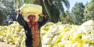 First Lady Rachel Ruto carries a bag of foodstuff for donation at her Sugoi home.