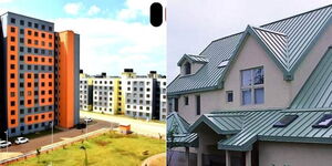 A collage of Park Road Affordable Housing Project in Nairobi (left) and a file photo of a pitched roof