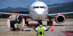 A plane at a runway and a flight attending in a plane's jump seat (inset).