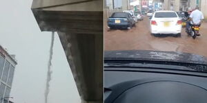 A collage image of water pouring from the elevated section of the Nairobi Expressway (LEFT) and floods along the road under the Expressway (Right).