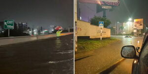 Floods on Nairobi Expressway (left) and a car submerged in floods.