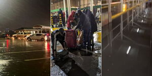 A photo of floods witnessed in sections of the Jomo Kenyatta International Airport (JKIA)  and passengers whose luggage fell in water at the airport on November 6, 2023.