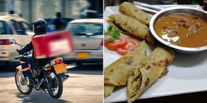 Photo collage between a rider delivering food and chapati served with beans and sliced tomatoes