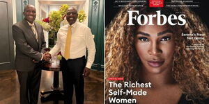 A photo collage of Kenyan tycoon Julius Mwale and President William Ruto in the US on September 22, 2022 (left) and a copy of the Forbes Magazine modelled by American professional tennis player Serena Williams (right).