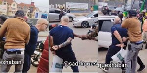 Police officers take into custody a rowdy foreigner outside a plaza in Kilimani, Nairobi county on August 3, 2022. 