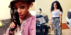 A side-by-side image of Salma Mbuvi posing with a pistol in hand (left) and her beside two posh vehicles.