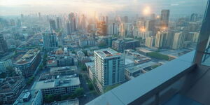 A wide-angle picture of a city view with highlights of trading.
