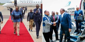 Former President Uhuru Kenyatta arrives at N'Djili International Airport in Uganda Airlines plane (left) and his tenure traveling in a Kenya Air Force plane.