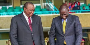 Former President Uhuru Kenyatta (left) and his successor President William Ruto (right) at Kasarani Stadium on September 13, 2022 