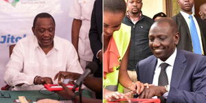 Former President Uhuru Kenyatta (left) and his successor William Ruto sign up for Huduma Namba in 2019 