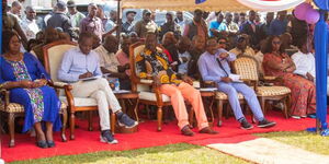 Former Prime Minister Raila Odinga (center) with Homa Governor Gladys Wanga(left), his Kisii counterpart Simba Arati amd Kalonzo Musyoka at Omobera SDA Primary School.