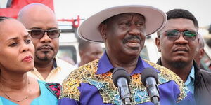 Former Prime Minister Raila Odinga (in blue shirt) in Malindi addressing the press on Friday April 5, 2023