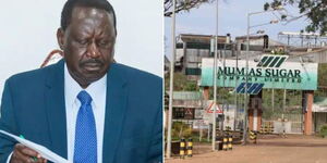 Former Prime Minister Raila Odinga (left) and entrance to Mumias Sugar Company in Mumias.