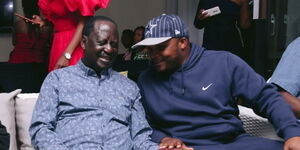 Former Prime Minister Raila Odinga (left) and Lang'ata MP Phelix Odiwour (right) at a birthday party on Sunday July 30, 2023