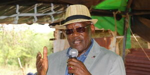 Former UDA chairman Johnstone Muthama addresses a gathering during a funeral service of the mother of Hon. Daniel Musau, the MCA of Nguu/Masumba Ward, Makueni County, on April 10, 2023.