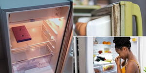 From left: A photo collage of an empty fridge, a dirty fridge door and a woman reacting a smelly fridge.