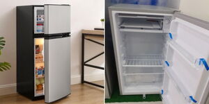 A photo collage of a fridge in a living room (left) and the white interior of an open fridge (right).