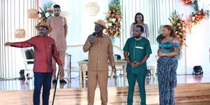 From left: Wiper Party leader Kalonzo Musyoka, ODM Party leader Raila Odinga,  Kelvin Muasya and Machakos' Trade CEC Sharon Nzoki at a wedding ceremony on May 11, 2024