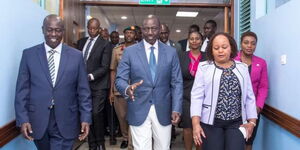 From left: Deputy President Rigathi Gachagua, President William Ruto, Kirinyaga Governor and CoG Chairperson Anne Waiguru and Health CS Susan Nakhumicha  in Kirinyaga County on Tuesday June 13, 2023