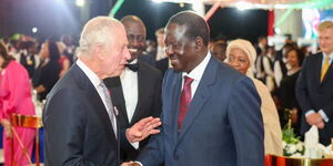 From left: King Charles III, President William Ruto and former Prime Minister Raila Odinga at State House on October 31, 2023d    