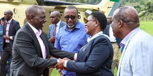 From left, President William Ruto, Agriculture CS Mithika Linturi and Meru Governor Kawira Mwangaza in Meru County on April 22, 2023
