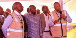 From left: President William Ruto, Transport CS Kipchumba Murkomen, Govermor Simba Arati and a KeNHA official launched the construction of Kegogi - Rioma spur road on March 24, 2023.