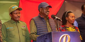 From left, Wiper Party leader Kalonzo Musyoka, former Prime Minister Raila Odinga and NARC party leader Martha Karua at an event on May 2, 2023