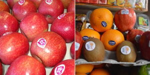 A collage image of fruits with Price Look-up code stickers at a supermarket.