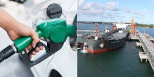 A photo collage of a petrol station attendant using a fuel pump (right) and a fuel ship docked at the Port of Mombasa.
