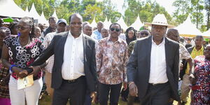 ODM deputy party leader Wycliffe Oparanya, Siaya Governor James Orengo and Democratic Action Party leader Eugene Wamalwa attend the funeral of former MCA Stephen Maloba at Munjiti Primary School in Khwisero, Kakamega County.