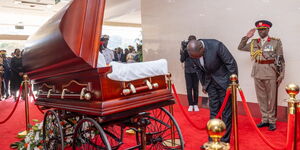 President William Ruto paying his last respects to Raila Odinga at Kasarani Stadium on Thursday, October 16