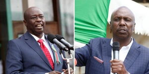 A photo collage of Deputy President Rigathi Gachagua speaking during the Nairobi International Trade Fair on September 28, 2022, and KANU chairperson Gideon Moi speaking at a past function.