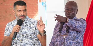 Mombasa Governor Abdullswamad Nassir speaking at an event in Mombasa County (left) and Deputy President Rigathi Gachagua addressing delegates in Mombasa County on  February 26, 2024.