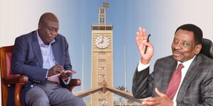 A collage of Deputy President Rigathi Gachagua, Siaya Senator James Orengo, and the Parliament buildings, October 16, 2024.