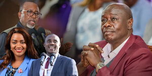 A photo collage of Rigathi Gachagua with Cleophas Malala, and Cate Waruguru members of the new DCP Party, May 15, 2025.
