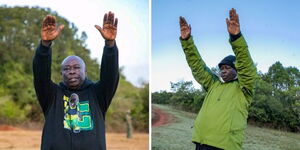 Collage image of the Deputy President Rigathi Gachagua praying at Mount Kenya