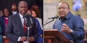 Deputy President Rigathi Gachagua speaking in Naivasha on May 9, 2024 (left) and Former President Uhuru Kenyatta addressing congregants at a church service on February 17, 2024.